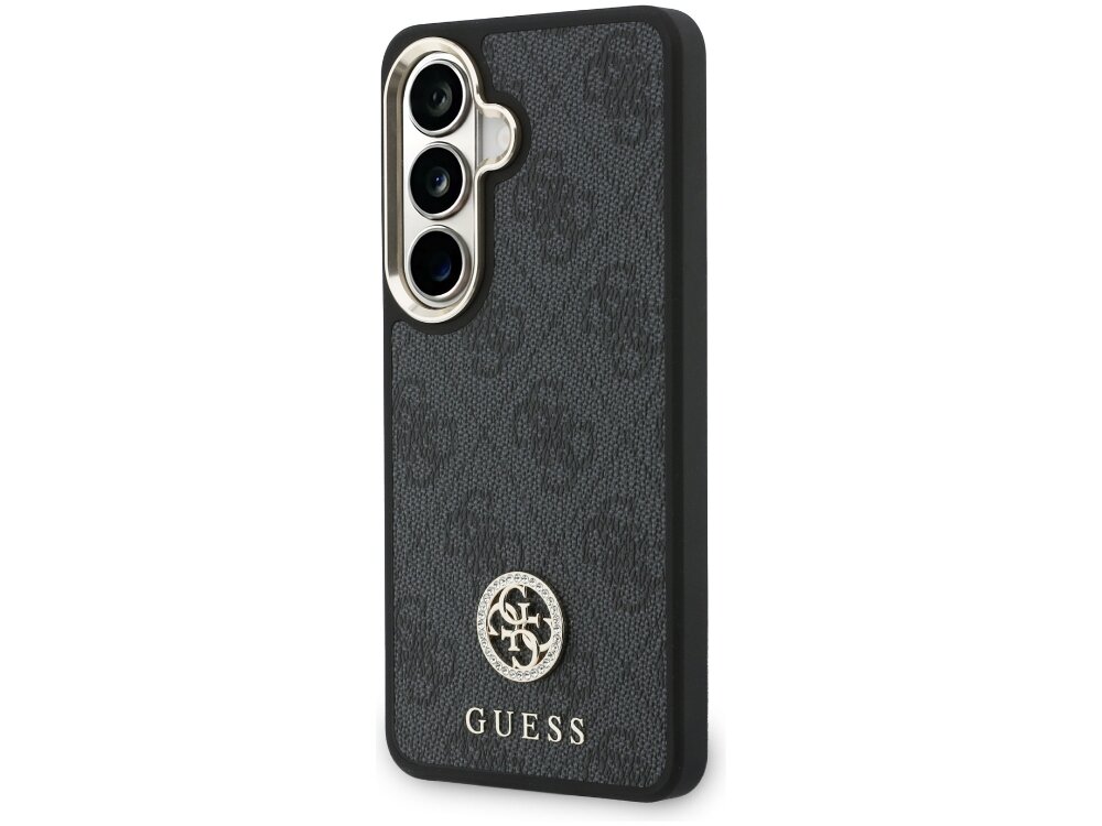 Etui Guess Rhinestone Triangle Logo Samsung Galaxy S26 - eleganckie, cyrkonie, prestiż Czarne etui Guess do smartfona Samsung Galaxy S24 z logotypem 4G i okrągłym emblematem z kryształkami.