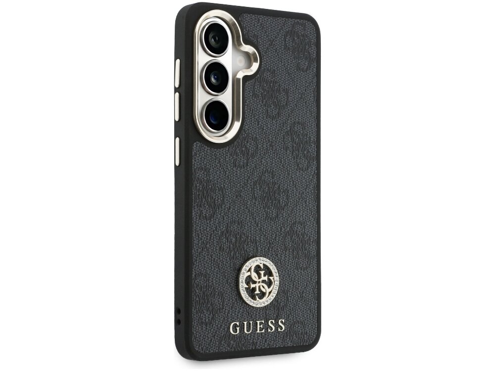 Etui Guess Rhinestone Triangle Logo Samsung Galaxy S26 - cyrkonie, logo Guess, luksus Plecki etui Guess na telefon w kolorze czarnym z fakturą saffiano, złotym wykończeniem aparatu i logotypem marki.