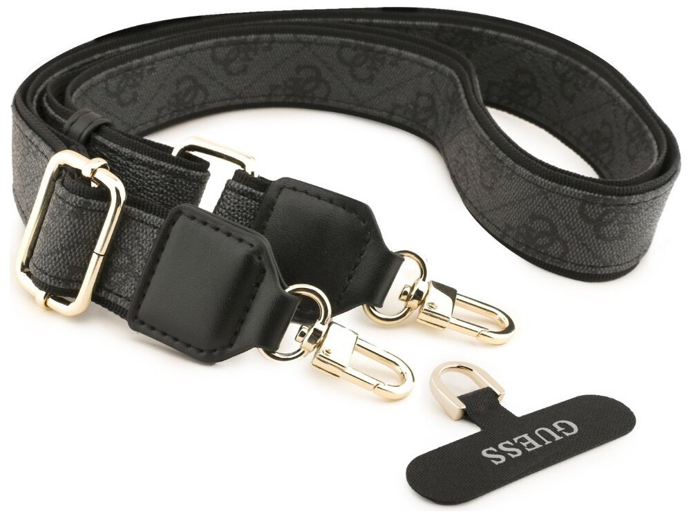 Etui Guess Rhinestone Triangle Logo Samsung Galaxy S26 - elastyczne, wytrzymałe, komfort Regulowany pasek Guess do telefonu z karabińczykami i wkładką montażową, czarny motyw 4G ze złotymi okuciami.