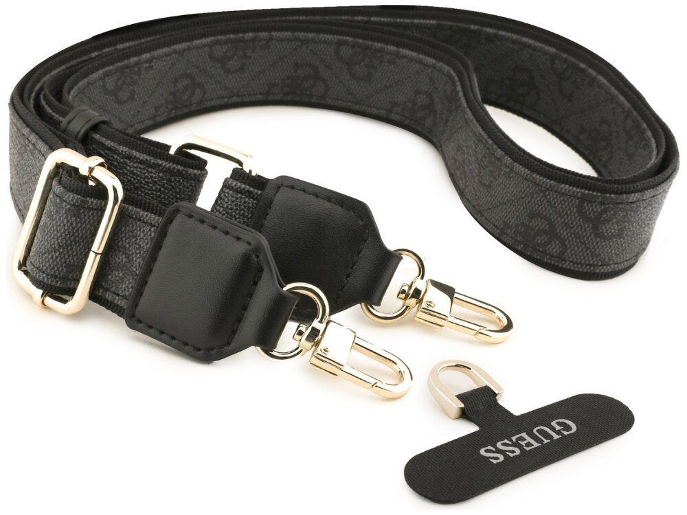 Etui Guess Rhinestone Triangle Logo Samsung Galaxy S26 Ultra  - elastyczne, wytrzymałe, komfort Regulowany pasek Guess do telefonu w kolorze beżowym z motywem 4G, złotymi karabińczykami i czarną wkładką montażową.