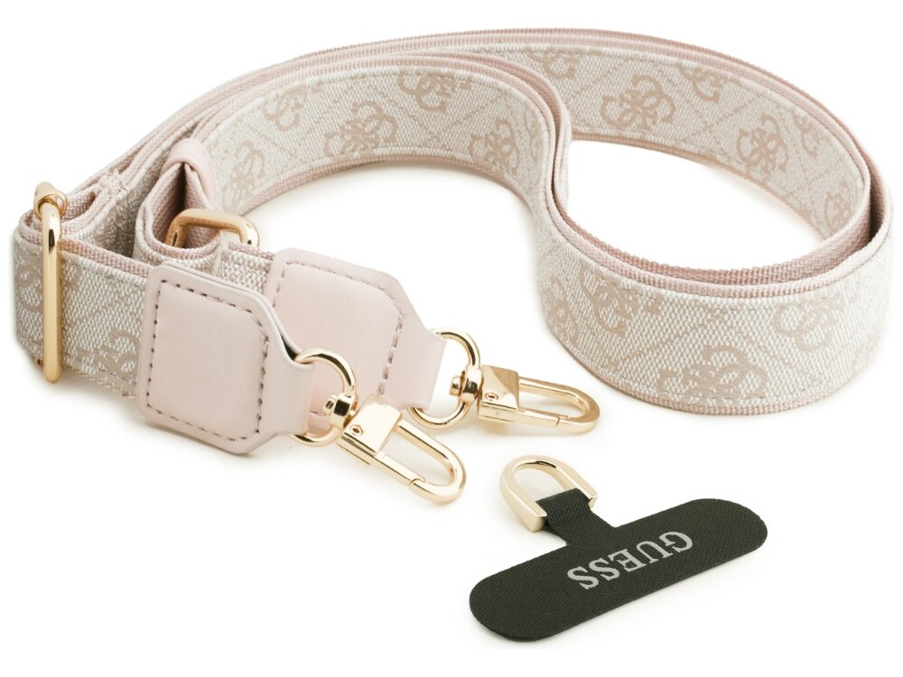 Etui Guess Rhinestone Triangle Logo Samsung Galaxy S26 Ultra  - elastyczne, wytrzymałe, komfort Regulowany pasek Guess do telefonu w kolorze beżowym z motywem 4G, złotymi karabińczykami i czarną wkładką montażową.