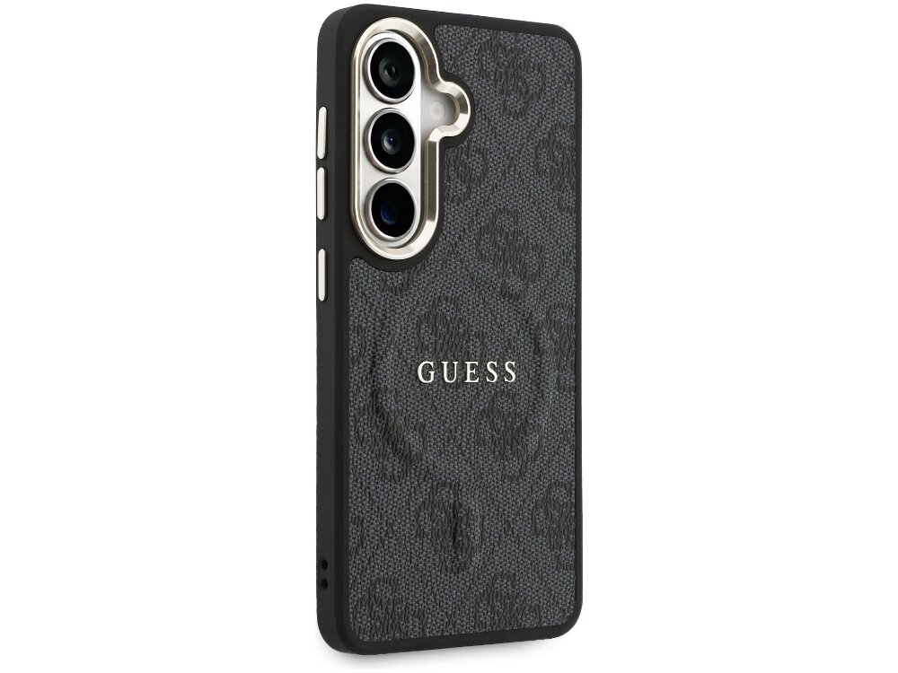 Etui Guess 4G Embosed Ring Samsung Galaxy S26 - eleganckie, wzór 4G, magnetyczny pierścień Czarny elegancki pokrowiec Guess do telefonu Samsung Galaxy S24 z motywem 4G i złotym napisem - widok z boku