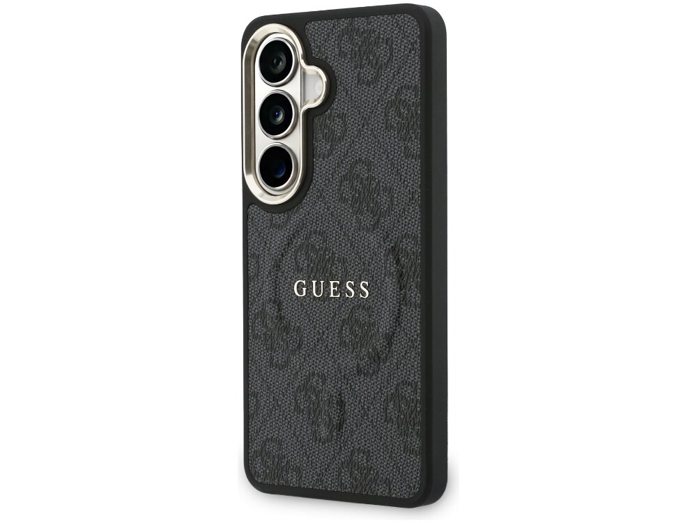 Etui Guess 4G Embosed Ring Samsung Galaxy S26 - wzór 4G, elegancki, magnetyczny pierścień Stylowe etui Guess MagSafe do Samsung Galaxy S24 w kolorze czarnym z logowaniem 4G - widok na tył i aparat
