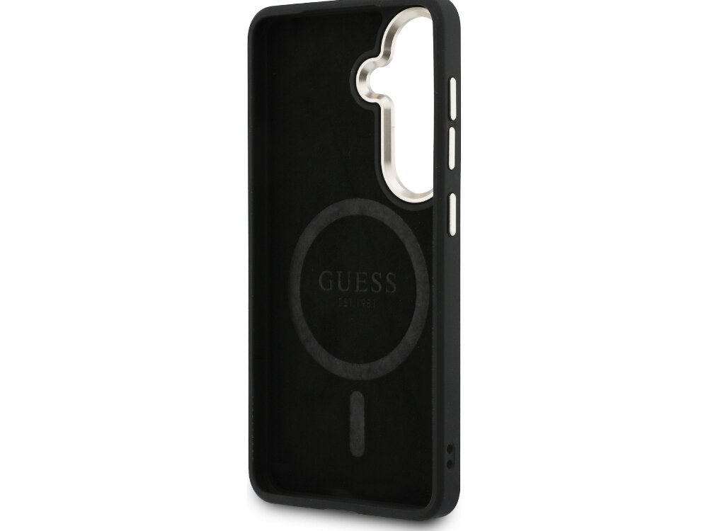 Etui Guess 4G Embosed Ring Samsung Galaxy S26 - wytrzymałe, elastyczne, MagSafe Wnętrze czarnego etui Guess do Samsung Galaxy S24 z widocznym pierścieniem magnetycznym MagSafe i wyściółką z mikrofibry