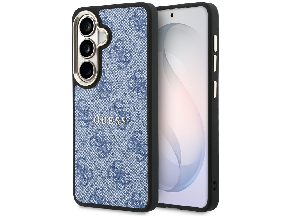 Etui Guess 4G Embosed Ring Samsung Galaxy S26 - eleganckie, wzór 4G, magnetyczny pierścień Niebieskie etui Guess do Samsung Galaxy S24 z logo 4G i złotym napisem – widok z boku.