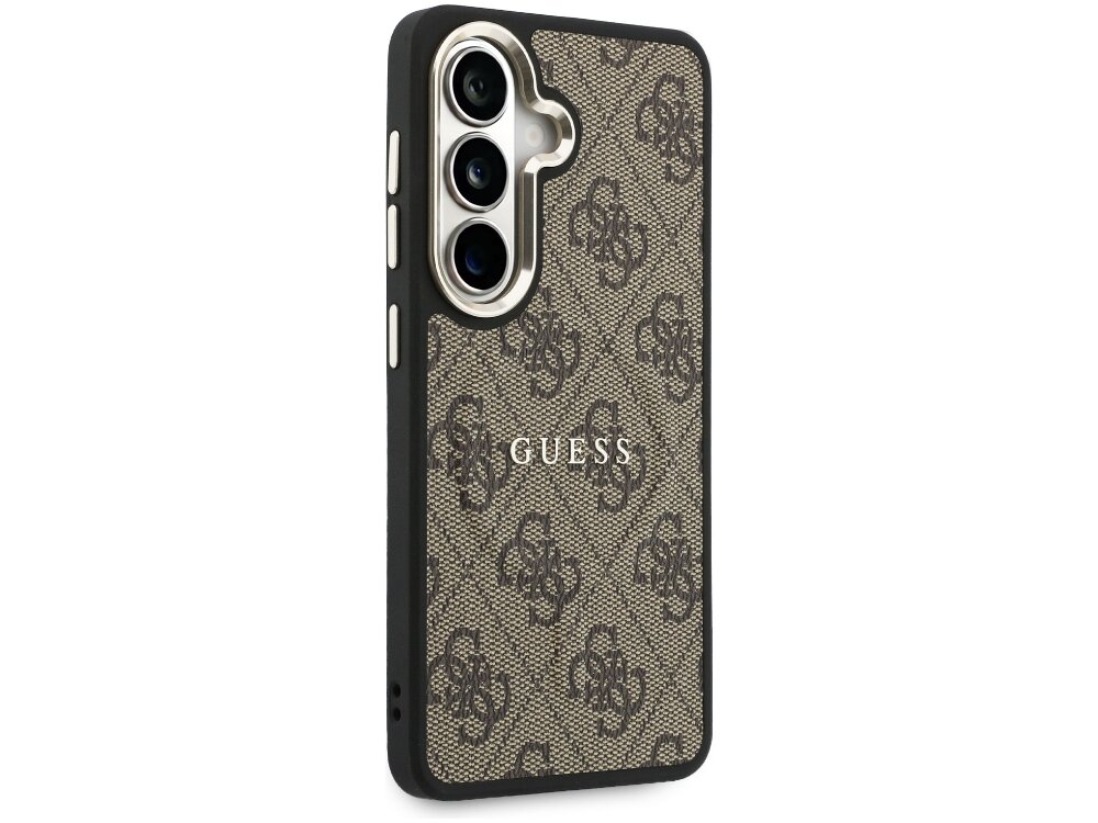 Etui Guess 4G Embosed Ring Samsung Galaxy S26 - eleganckie, wzór 4G, magnetyczny pierścień Brązowe etui Guess do Samsung Galaxy S24 z logo 4G i złotym napisem – widok z boku.