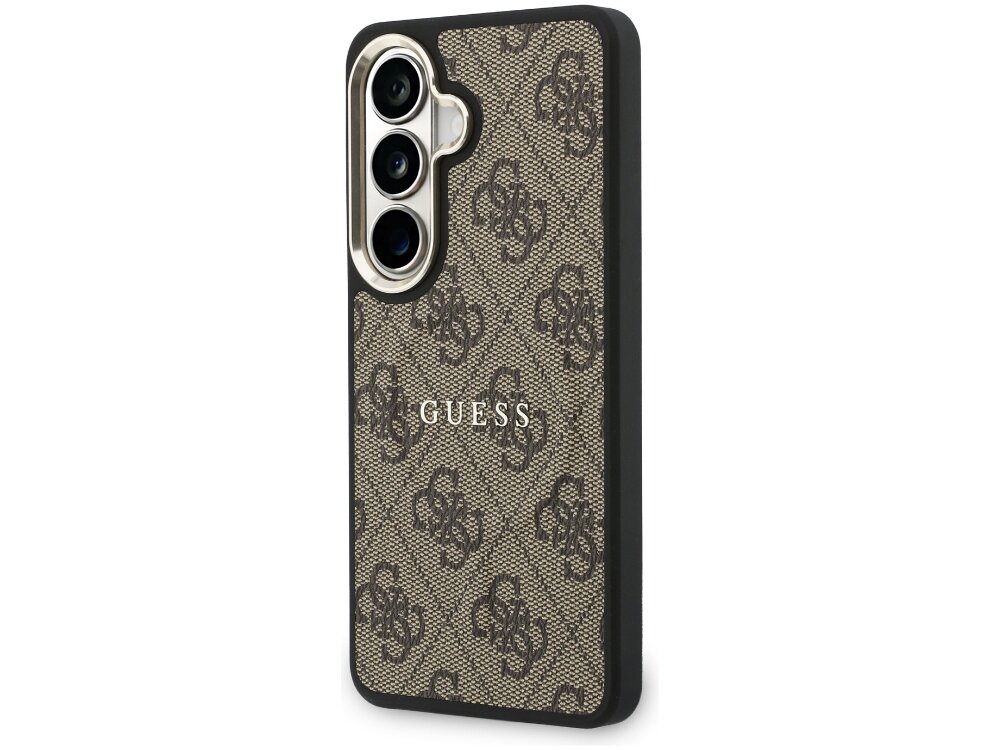 Etui Guess 4G Embosed Ring Samsung Galaxy S26 - wzór 4G, elegancki, magnetyczny pierścień Elegancki pokrowiec Guess do Samsung Galaxy S24 w kolorze brązowym z motywem 4G – widok na tył i wyspę aparatów.