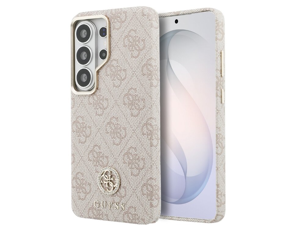 Etui Guess 4G Rhinestone Round Logo Samsung Galaxy S26 - eleganckie, różowe, magnetyczny pierścień Beżowe etui Guess do Samsung Galaxy S24 Ultra z logo 4G i okrągłym emblematem – widok z telefonem.