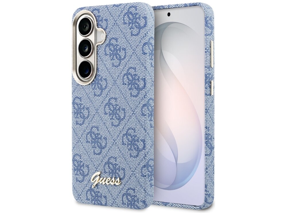 Etui Guess 4G Script Samsung Galaxy S26 - eleganckie, wzór 4G, magnetyczny pierścień Etui Guess do Samsung Galaxy S24 z monogramem 4G i prostym napisem – widok z boku.