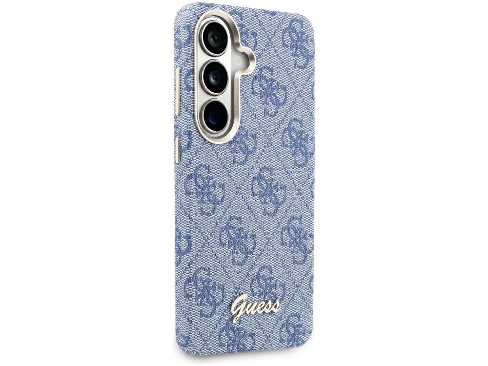 Etui Guess 4G Script Samsung Galaxy S26 - wzór 4G, elegancki, magnetyczny pierścień Elegancki pokrowiec Guess do Samsung Galaxy S24 z wzorem 4G – widok na tył i aparaty.