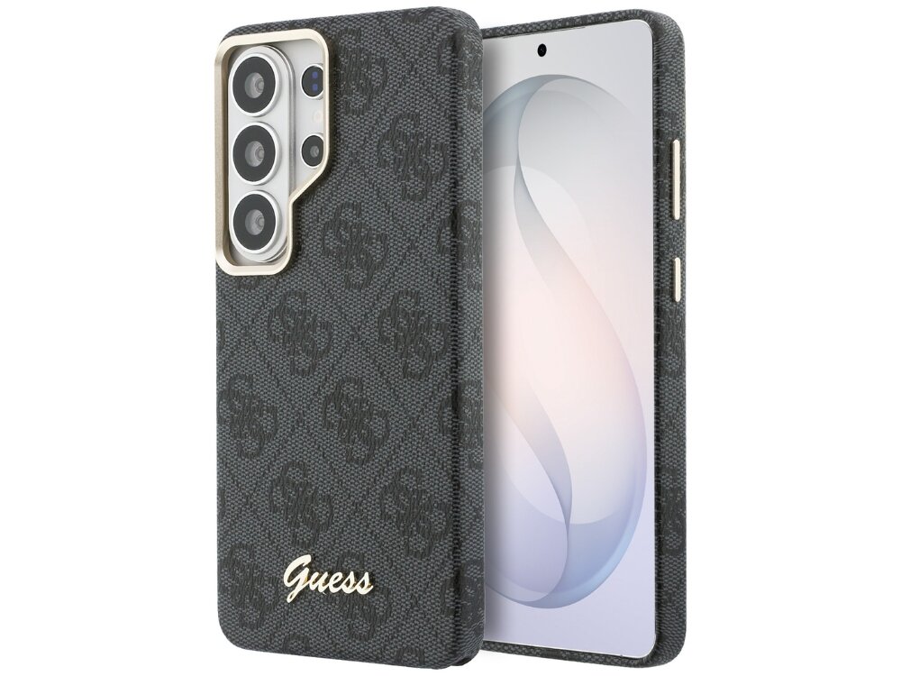 Etui Guess 4G Script Samsung Galaxy S26 Ultra - eleganckie, wzór 4G, magnetyczny pierścień Etui Guess do Samsung Galaxy S24 z monogramem 4G i prostym napisem – widok z boku.