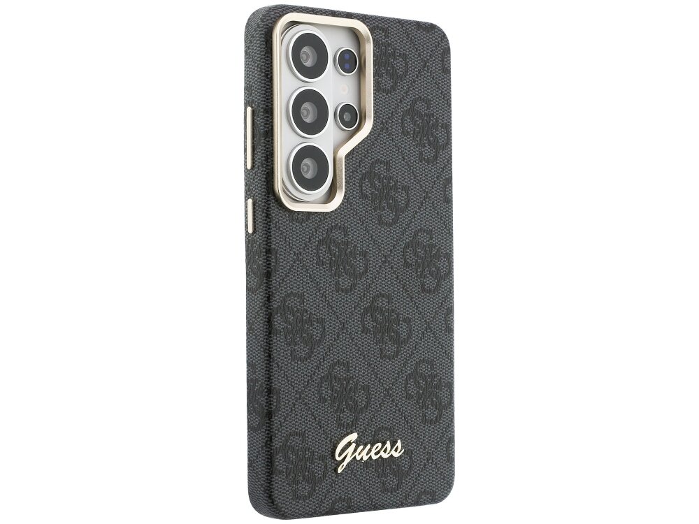 Etui Guess 4G Script Samsung Galaxy S26 Ultra - wzór 4G, elegancki, magnetyczny pierścień Elegancki pokrowiec Guess do Samsung Galaxy S24 z wzorem 4G – widok na tył i aparaty.