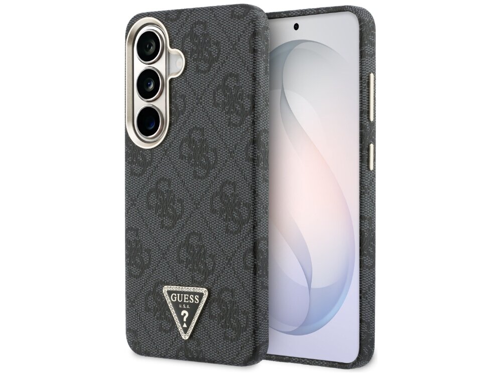 Etui Guess 4G Triangle Logo Samsung Galaxy S26+ - eleganckie, eko-skóra, magnetyczny pierścień Czarny smartfon Samsung Galaxy w etui Guess z szarym wzorem 4G i trójkątnym logo marki na dole.