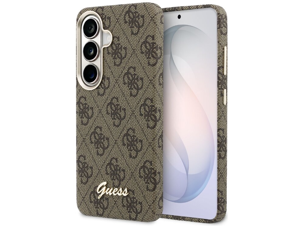 Etui Guess 4G Script Samsung Galaxy S26 - eleganckie, wzór 4G, magnetyczny pierścień Etui Guess do Samsung Galaxy S24 z monogramem 4G i prostym napisem – widok z boku.