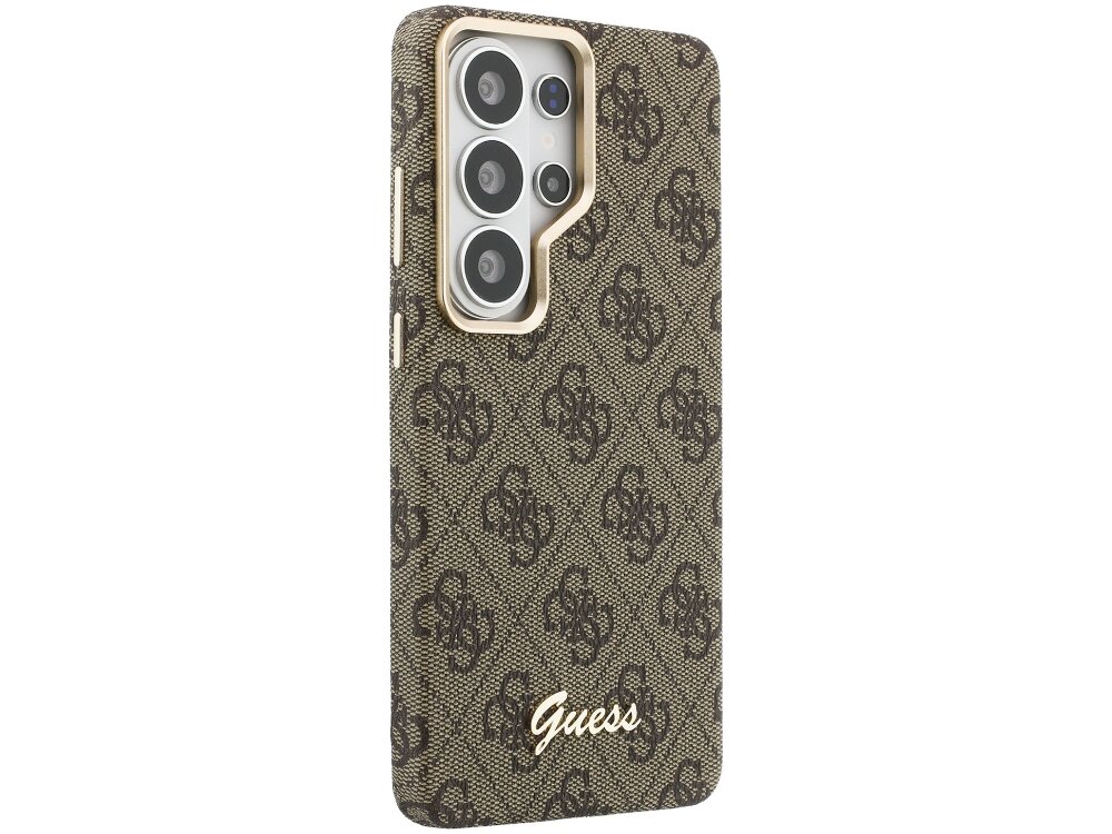 Etui Guess 4G Script Samsung Galaxy S26 Ultra - wzór 4G, elegancki, magnetyczny pierścień Elegancki pokrowiec Guess do Samsung Galaxy S24 z wzorem 4G – widok na tył i aparaty.