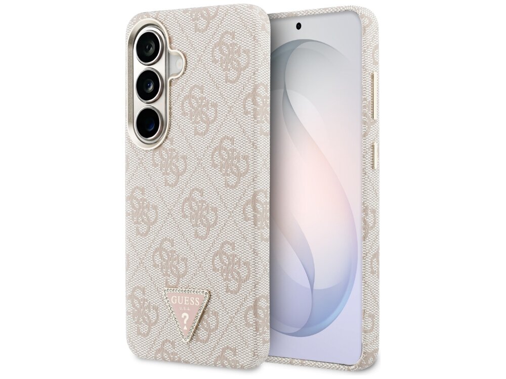 Etui Guess 4G Triangle Logo Samsung Galaxy S26 - eleganckie, eko-skóra, magnetyczny pierścień Beżowy smartfon Samsung Galaxy S24 Ultra w etui Guess z materiałowym wzorem 4G i trójkątnym logo.