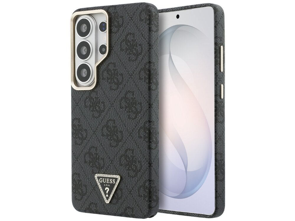 Etui Guess 4G Triangle Logo Samsung Galaxy S26 Ultra - eleganckie, eko-skóra, magnetyczny pierścień Czarny smartfon Samsung Galaxy w etui Guess z szarym wzorem 4G i trójkątnym logo marki na dole.