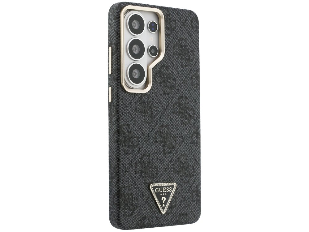 Etui Guess 4G Triangle Logo Samsung Galaxy S26 Ultra - wzór 4G, kryształkowe logo, eko-skóra Tył grafitowego etui Guess na telefon z teksturą materiału, wzorem monogramów 4G oraz srebrną ramką wokół wyspy aparatów.