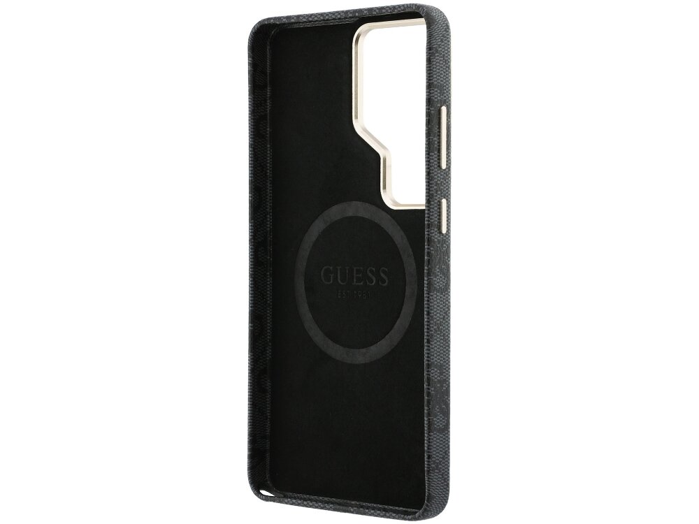 Etui Guess 4G Triangle Logo Samsung Galaxy S26 Ultra - wytrzymałe, elastyczne, MagSafe Wnętrze czarnego etui na telefon marki Guess z widocznym pierścieniem magnetycznym MagSafe i wyściółką z mikrofibry.