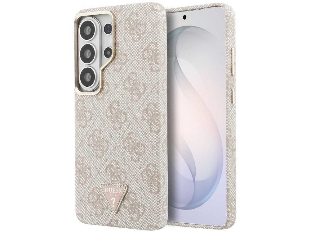 Etui Guess 4G Triangle Logo Samsung Galaxy S26 Ultra - eleganckie, eko-skóra, magnetyczny pierścień Beżowy smartfon Samsung Galaxy S24 Ultra w etui Guess z materiałowym wzorem 4G i trójkątnym logo.
