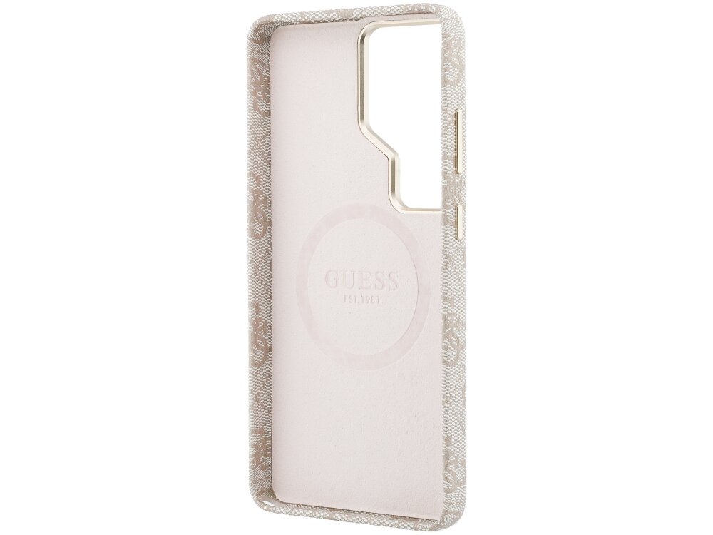 Etui Guess 4G Triangle Logo Samsung Galaxy S26 Ultra - wytrzymałe, elastyczne, MagSafe Wnętrze beżowego etui na telefon marki Guess z magnetycznym pierścieniem MagSafe i miękką wyściółką.