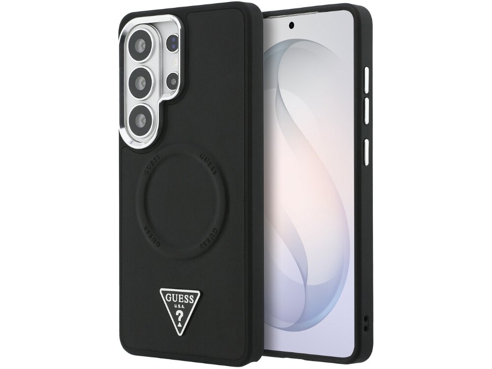 Etui Guess Embossed Ring Triangle Logo Samsung Galaxy S26 Ultra - eleganckie, eko-skóra, magnetyczny pierścień Czarny smartfon Samsung Galaxy w gładkim etui Guess z wytłoczonym pierścieniem MagSafe i metalowym trójkątnym logo.