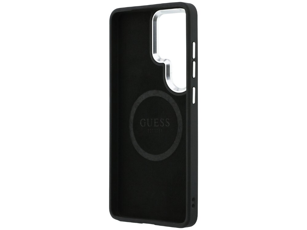 Etui Guess Embossed Ring Triangle Logo Samsung Galaxy S26 Ultra - wytrzymałe, elastyczne, MagSafe Wnętrze czarnego, ochronnego etui Guess z wytłoczonym napisem marki i okrągłym magnesem kompatybilnym z MagSafe.