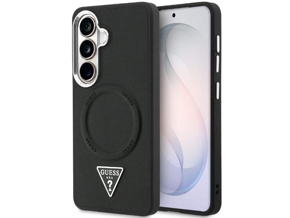 Etui Guess Embossed Ring Triangle Logo Samsung Galaxy S26 - eleganckie, eko-skóra, magnetyczny pierścień Czarny smartfon Samsung Galaxy w gładkim etui Guess z wytłoczonym pierścieniem MagSafe i metalowym trójkątnym logo.