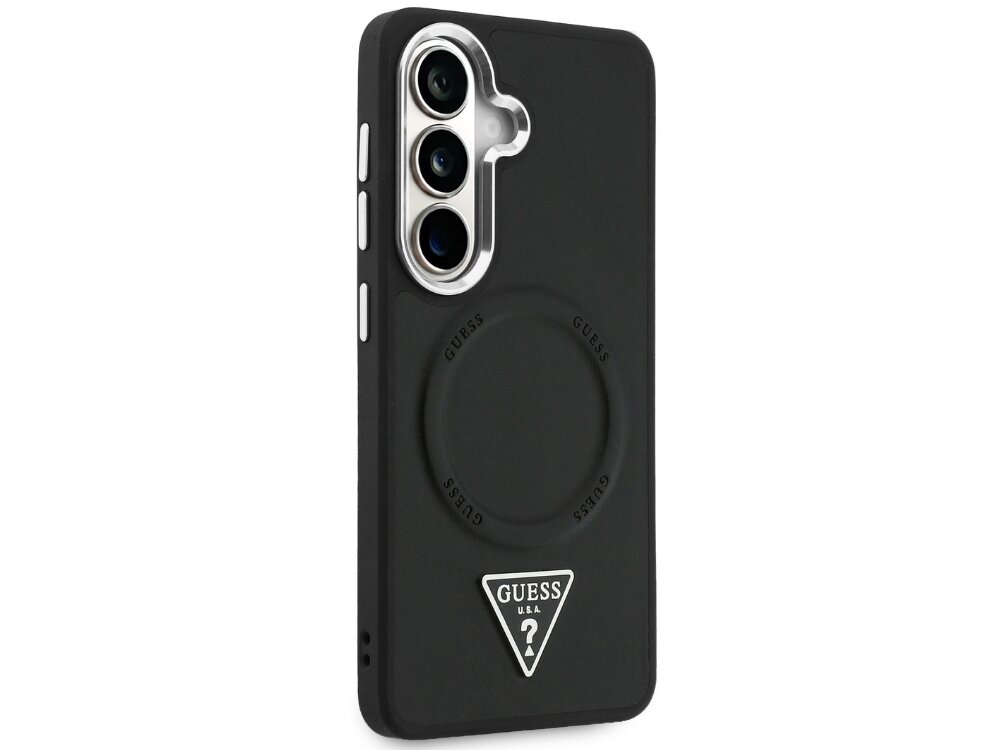 Etui Guess Embossed Ring Triangle Logo Samsung Galaxy S26 - eko-skóra, logo Guess, eleganckie Gładkie, czarne etui silikonowe Guess na telefon ze srebrną ramką wokół aparatów oraz stylowym logotypem marki na dole.