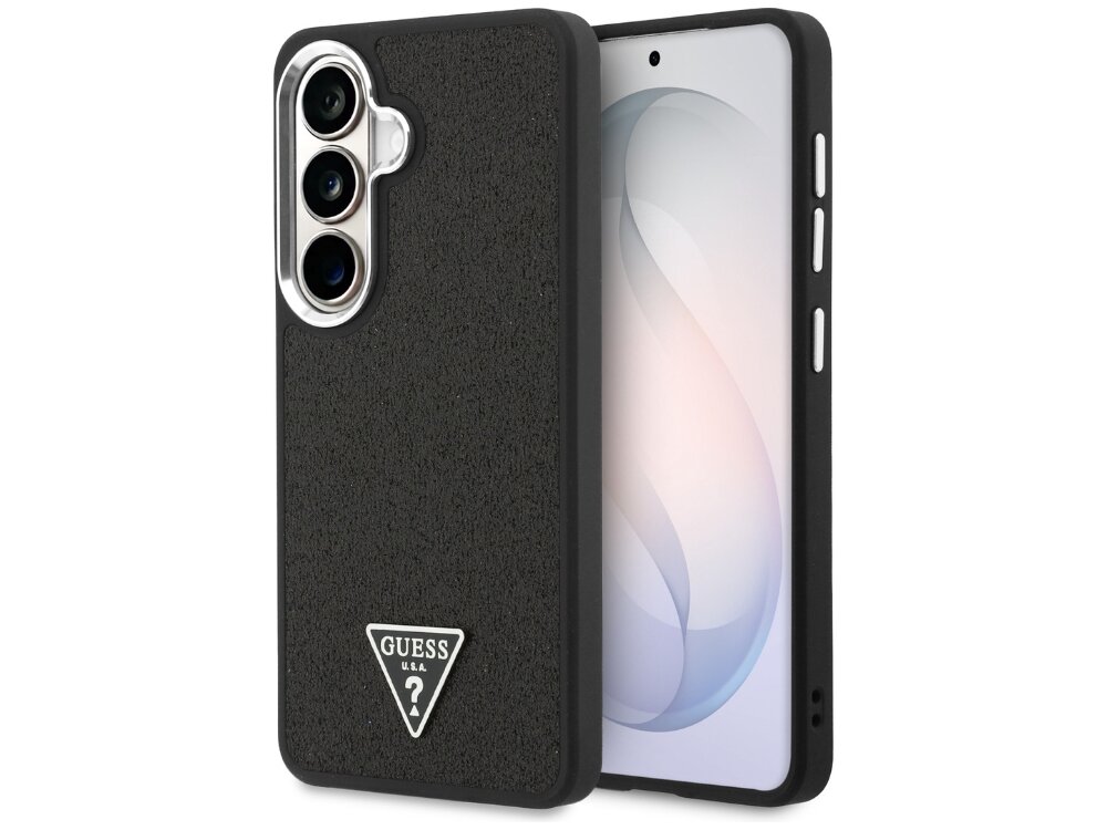 Etui Guess Fixed Glitter Triangle Samsung Galaxy S26 - eleganckie, eko-skóra, magnetyczny pierścień Czarny smartfon Samsung Galaxy S24+ w luksusowym etui Guess o teksturze skóry Saffiano z metalowym logo na dole.