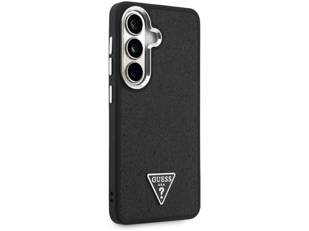 Etui Guess Fixed Glitter Triangle Samsung Galaxy S26 - wzór Triangle, logo Guess, eko-skóra Tył czarnego etui Guess o ziarnistej strukturze skóry Saffiano ze srebrnymi detalami i ramką wokół obiektywów aparatów.