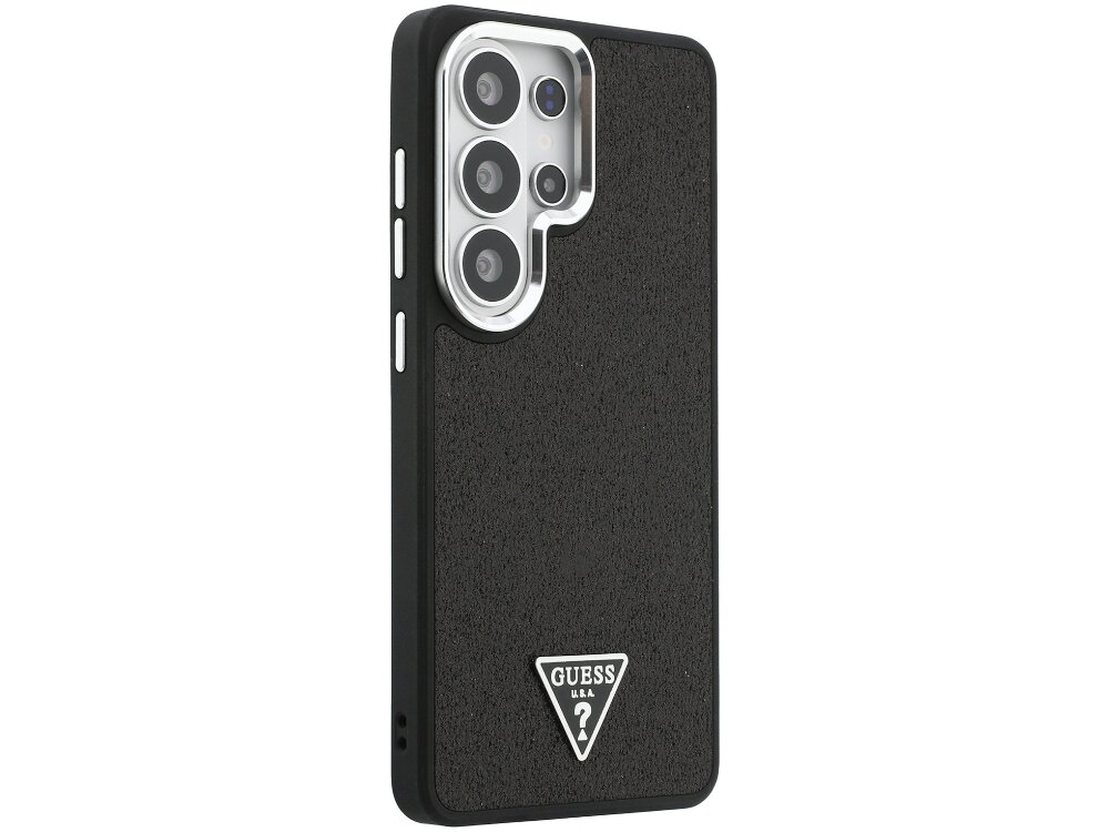 Etui Guess Fixed Glitter Triangle Samsung Galaxy S26 Ultra - wzór Triangle, logo Guess, eko-skóra Tył czarnego etui Guess o ziarnistej strukturze skóry Saffiano ze srebrnymi detalami i ramką wokół obiektywów aparatów.