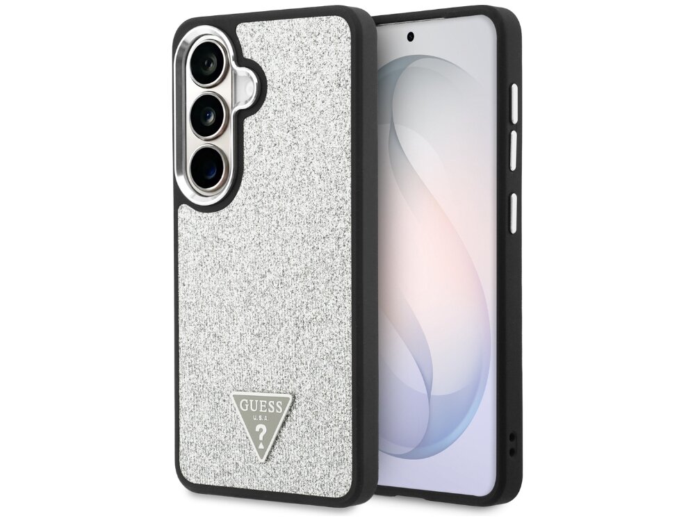 Etui Guess Fixed Glitter Triangle Samsung Galaxy S26+ - eleganckie, eko-skóra, magnetyczny pierścień Srebrny smartfon Samsung Galaxy S24+ w luksusowym etui Guess o teksturze skóry Saffiano z metalowym logo na dole.