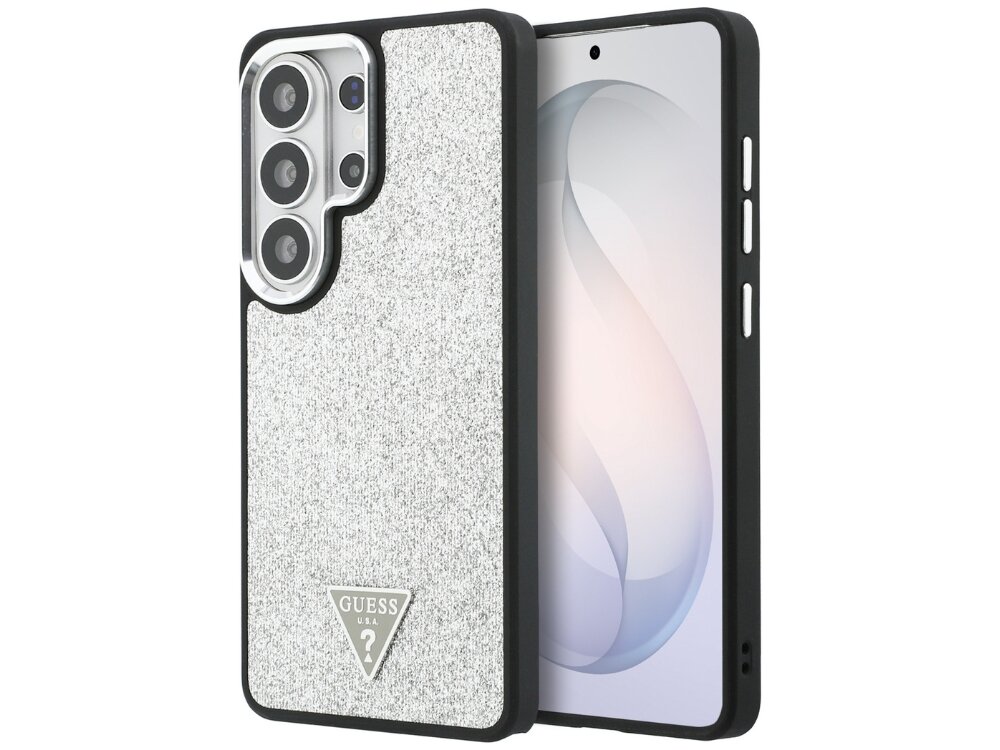 Etui Guess Fixed Glitter Triangle Samsung Galaxy S26 Ultra - eleganckie, eko-skóra, magnetyczny pierścień Srebrny smartfon Samsung Galaxy S24+ w luksusowym etui Guess o teksturze skóry Saffiano z metalowym logo na dole.