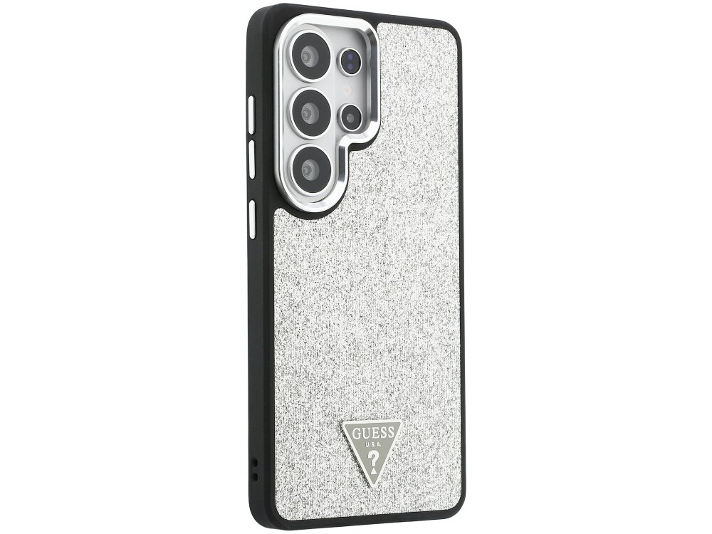 Etui Guess Fixed Glitter Triangle Samsung Galaxy S26 Ultra - wzór Triangle, logo Guess, eko-skóra Tył srebrnego etui Guess o ziarnistej strukturze skóry Saffiano ze srebrnymi detalami i ramką wokół obiektywów aparatów.