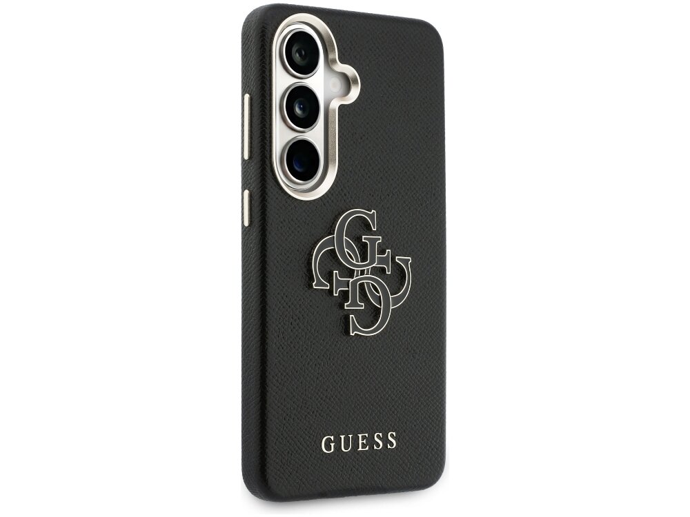 Etui Guess Grained Big 4G Metal Logo Samsung Galaxy S26 - tekstura skóry, 4G, złote logo Tył czarnego etui Guess o teksturze Saffiano ze srebrnym logo 4G na środku i napisem Guess na dole.