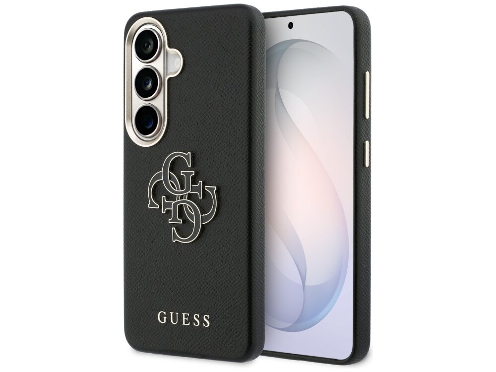 Etui Guess Grained Big 4G Metal Logo Samsung Galaxy S26+ - ekskluzywne, teksturalna ekoskóra, złote logo Czarny smartfon Samsung Galaxy w etui Guess z fakturą skóry Saffiano i dużym, metalowym logotypem 4G.