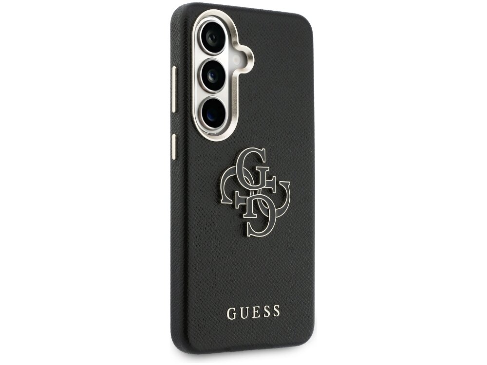 Etui Guess Grained Big 4G Metal Logo Samsung Galaxy S26+ - tekstura skóry, 4G, złote logo Tył czarnego etui Guess o teksturze Saffiano ze srebrnym logo 4G na środku i napisem Guess na dole.