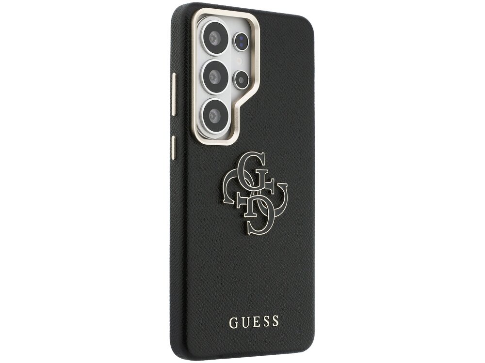 Etui Guess Grained Big 4G Metal Logo Samsung Galaxy S26 Ultra - tekstura skóry, 4G, złote logo Tył czarnego etui Guess o teksturze Saffiano ze srebrnym logo 4G na środku i napisem Guess na dole.