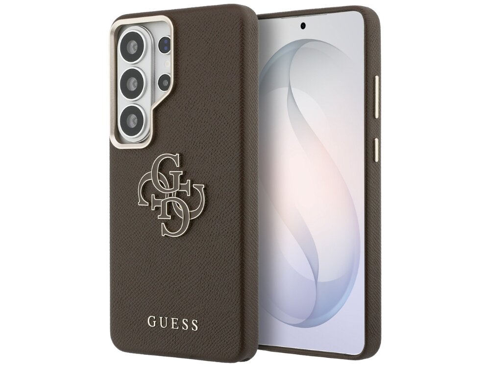 Etui Guess Grained Big 4G Metal Logo Samsung Galaxy S26 Ultra - ekskluzywne, teksturalna ekoskóra, złote logo Brązowy smartfon Samsung Galaxy w etui Guess z fakturą skóry Saffiano i dużym, metalowym logotypem 4G.