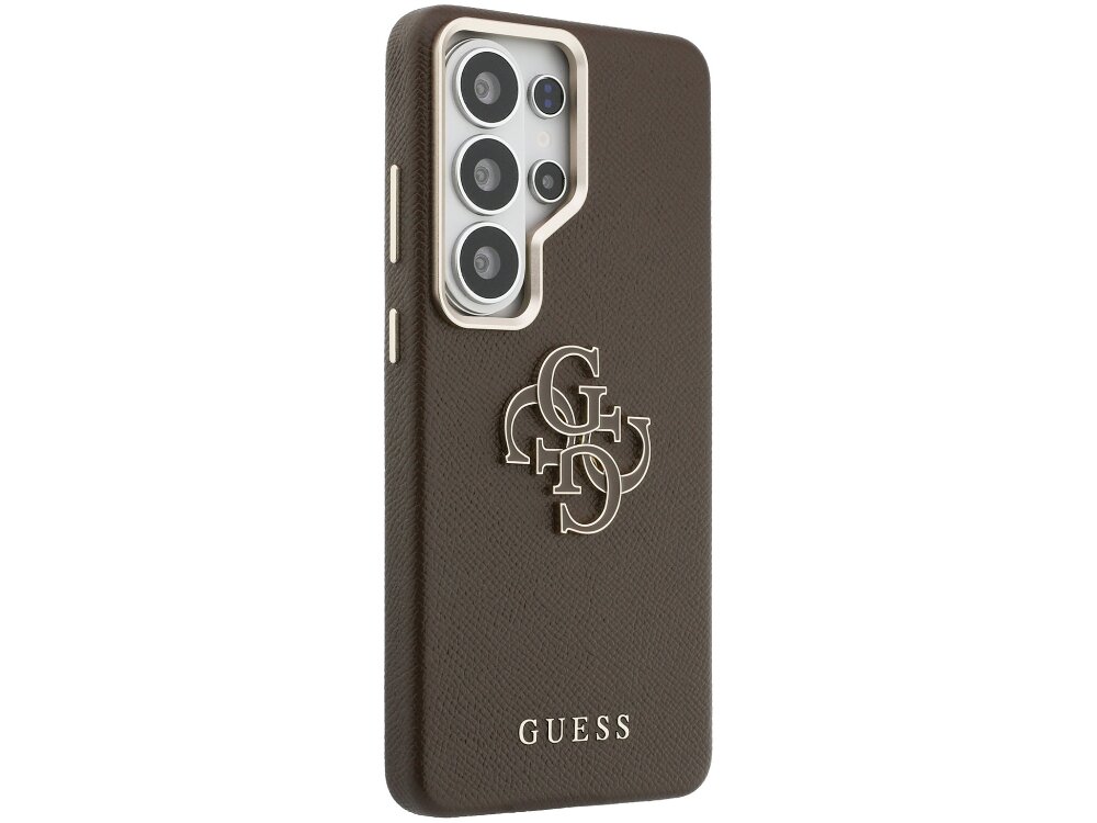 Etui Guess Grained Big 4G Metal Logo Samsung Galaxy S26 Ultra - tekstura skóry, 4G, złote logo Tył brązowego etui Guess o teksturze Saffiano ze srebrnym logo 4G na środku i napisem Guess na dole.