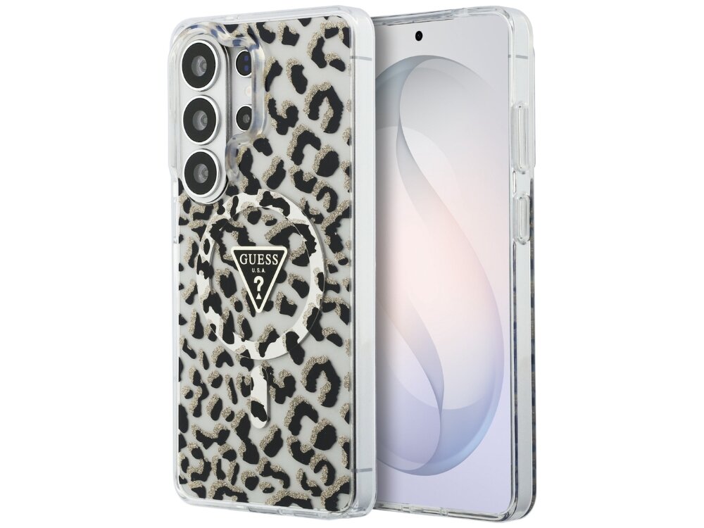 Etui Guess IML Leopard Triangle Samsung Galaxy S26 - eleganckie, wzór cętki, magnetyczny pierścień Smartfon Samsung Galaxy S24 Ultra w przezroczystym etui Guess w panterkę z pierścieniem MagSafe i logo marki.