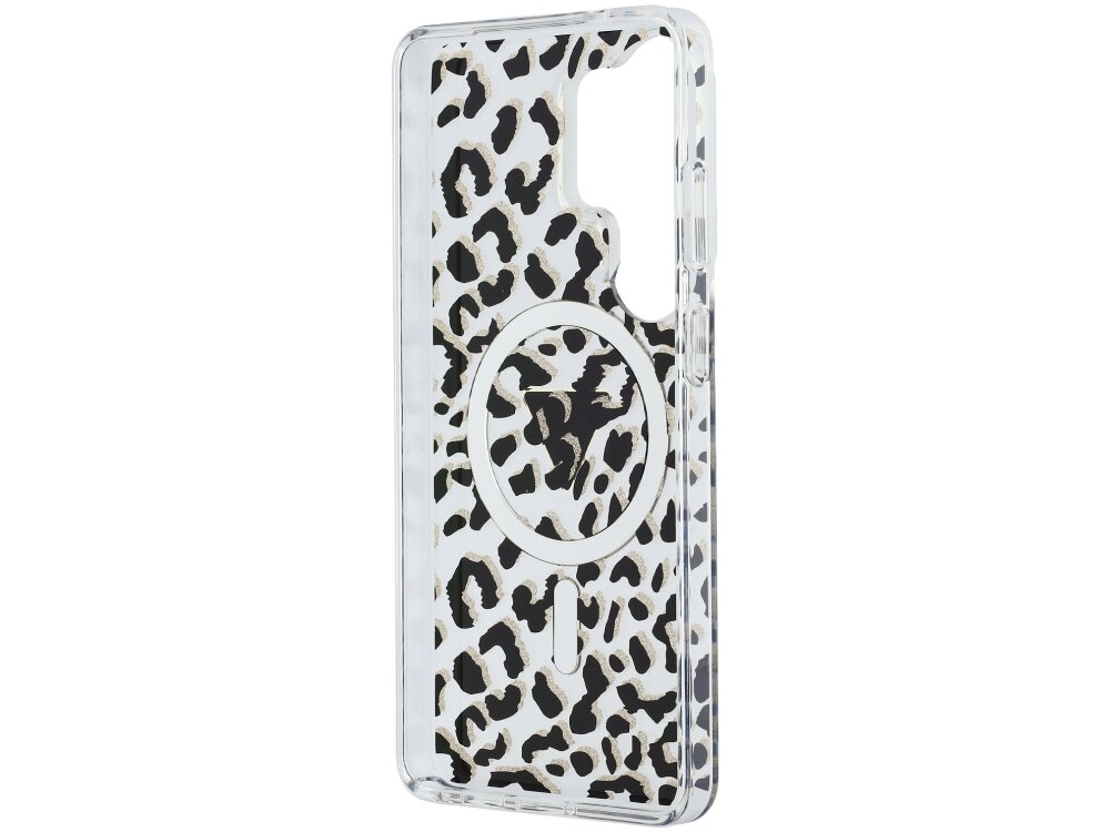 Etui Guess IML Leopard Triangle Samsung Galaxy S26 - wytrzymałe, smycz, MagSafe Wnętrze przezroczystego etui Guess z widocznym wzorem leopard print, magnesem MagSafe i precyzyjnymi wycięciami.