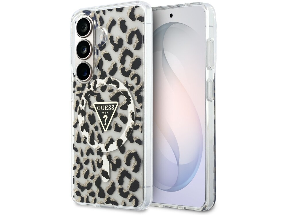 Etui GUESS IML Leopard Print Triangle MagSafe do Samsung Galaxy S26 Czarny - eleganckie, wzór cętki, magnetyczny pierścień