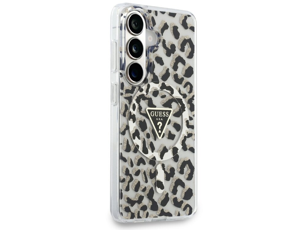 Etui GUESS IML Leopard Print Triangle MagSafe do Samsung Galaxy S26 Czarny - wzór cętek, złoty pierścień, logo Guess