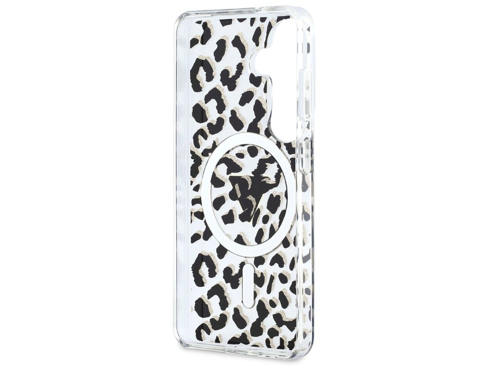 Etui GUESS IML Leopard Print Triangle MagSafe do Samsung Galaxy S26 Czarny - wytrzymałe, smycz, MagSafe