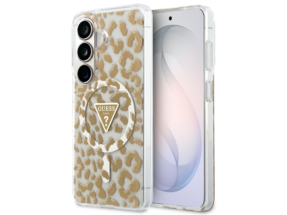 Etui GUESS IML Leopard Print Triangle MagSafe do Samsung Galaxy S26 Brązowy - eleganckie, wzór cętki, magnetyczny pierścień