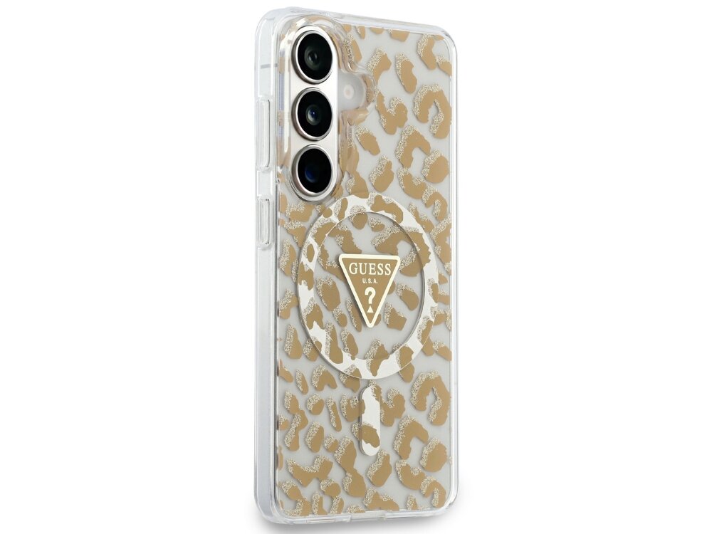 Etui GUESS IML Leopard Print Triangle MagSafe do Samsung Galaxy S26 Brązowy - wzór cętek, złoty pierścień, logo Guess