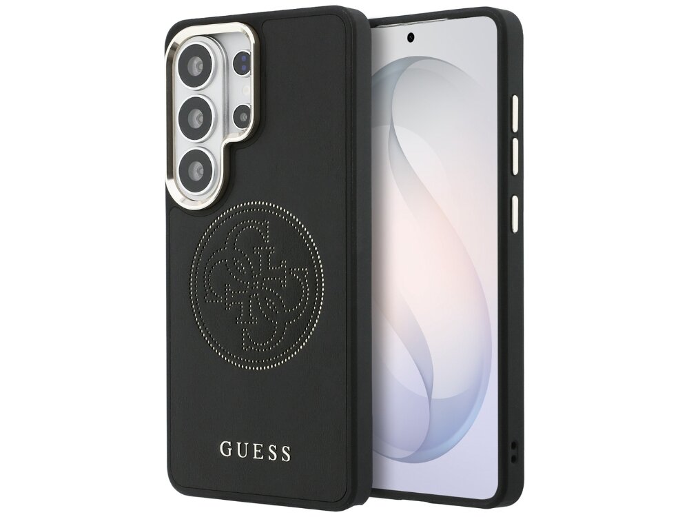 Etui Guess Perforated 4G Samsung Galaxy S26 Ultra - eleganckie, perforowana skóra, MagSafe Smartfon Samsung Galaxy w czarnym etui Guess z materiałowym wzorem 4G i srebrnym trójkątnym logo na dole.