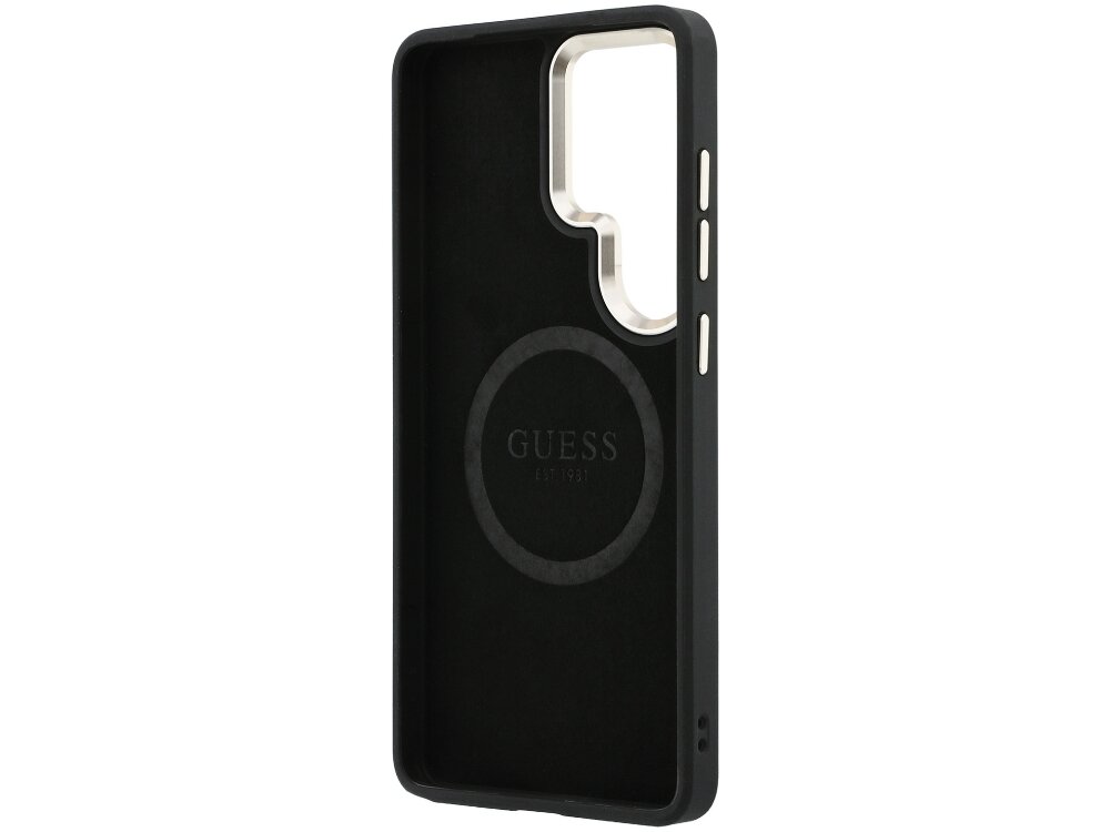 Etui Guess Perforated 4G Samsung Galaxy S26 Ultra - elastyczne, wytrzymałe, MagSafe Czarna wyściółka wnętrza etui Guess z pierścieniem magnetycznym MagSafe i wytłoczonym napisem marki.